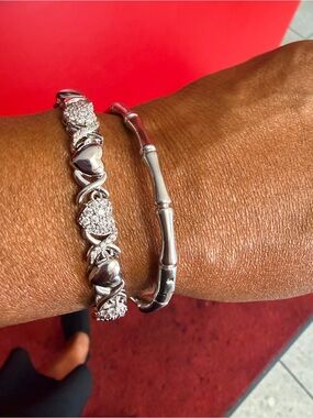 Silver Heart Pavé and Bamboo-Style Bangle Set - Women Jewelry